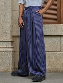 AXEPEAK Men's Casual Commuter Striped Wide Leg Pants - Navy Blue - View 4