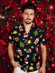 Manfinity Homme Men's Casual Christmas Gift Gingerbread, Snowflake, Christmas Tree Printed Black Slim Fit Short Sleeve Shirt - Multicolor - View 4