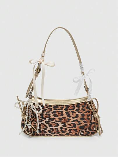 Kawaii Women's Retro Ballet Style Butterfly Decor Chain Leopard Print Faux Pearl Lace Decor Shoulder/Underarm Baguette Bag, Shoulder Bag, Animal Print Women Bag, Fall Winter Fashionable Cheetah Print Purse For Women, New Fall Winter Tiger Print Bag For Women