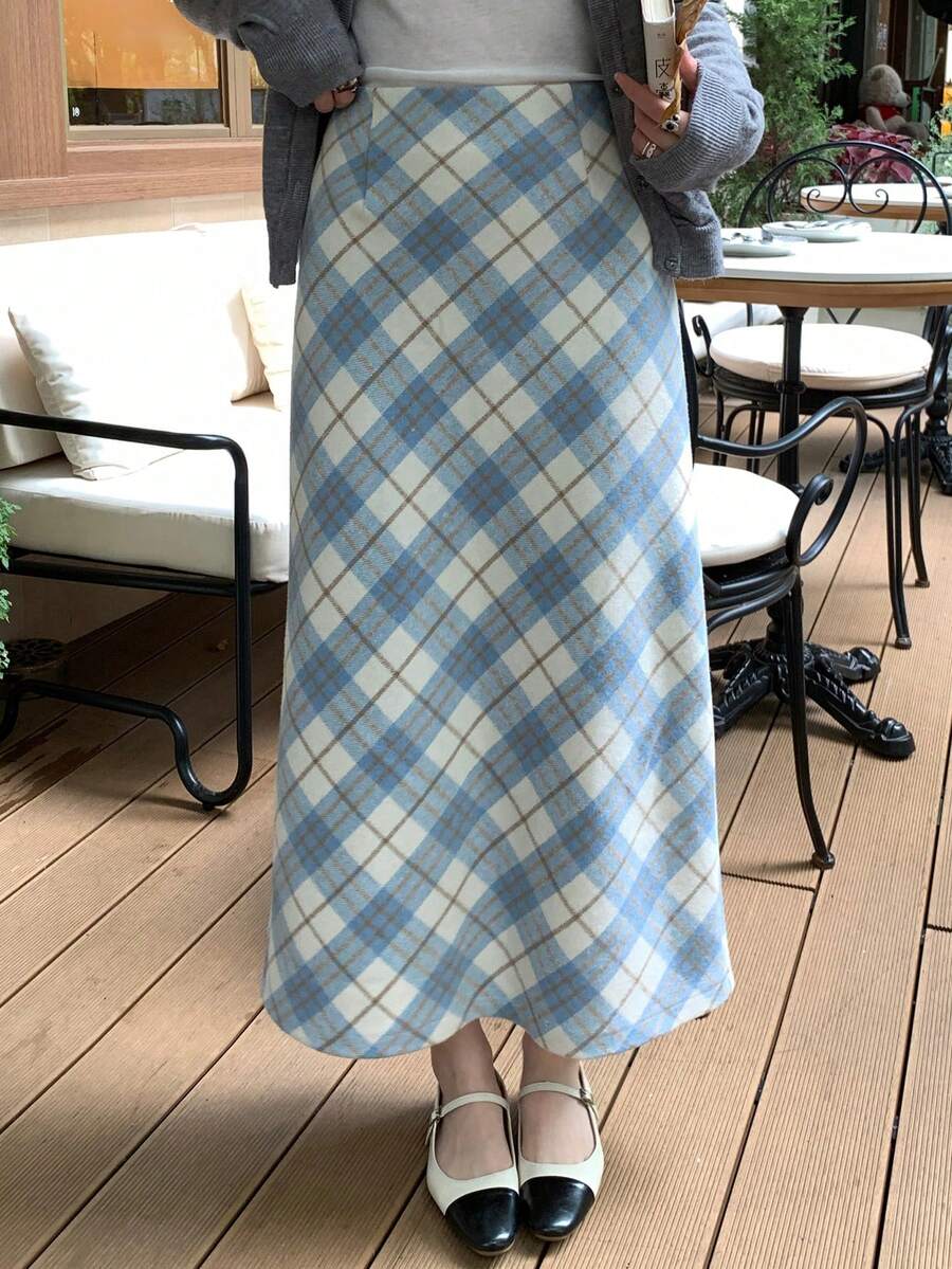 DAZY Women's Plaid Long Straight Skirt, Casual Skirt For Autumn/Winter - Blue - View 1