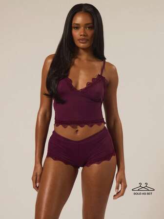 MUSERA ESSENTIALS Triangle Bust Lace Trim Adjustable Strap Cami Top And Fitted Boxer Boyshorts Multipack Set Autumn Winter Christmas Holidays Fall Underwear Everyday Cosy Lounge Essential