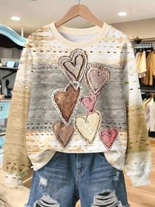 EMERY ROSE Sudadera con estampado de corazón para mujer talla grande, cómoda blusa de cuello redondo y manga larga, adecuada para uso diario - Multicolor - Ver 1