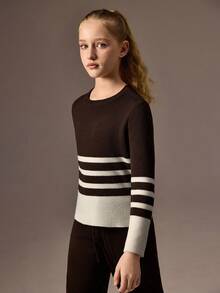 SHEIN 2pcs/Set Girls Sweater Set,Brown Striped Autumn Casual Crew Neck Top&Wide Leg Pants,Back-To-School Holiday Korean Style Fashionable Color Block Trim - Coffee Brown - View 5