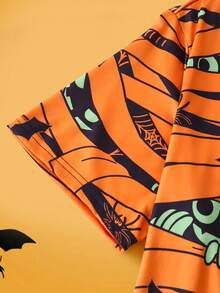 FamilyFrolics 2 piezas Conjunto de pijama con estampado de momia de Halloween, ropa de estar por casa divertida y casual para hombres - Naranja - Ver 4