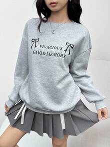 SHEIN 2件套优雅少女灰色刺绣蝴蝶结运动衫和百褶裙套装 - 灰色 - 查看 1