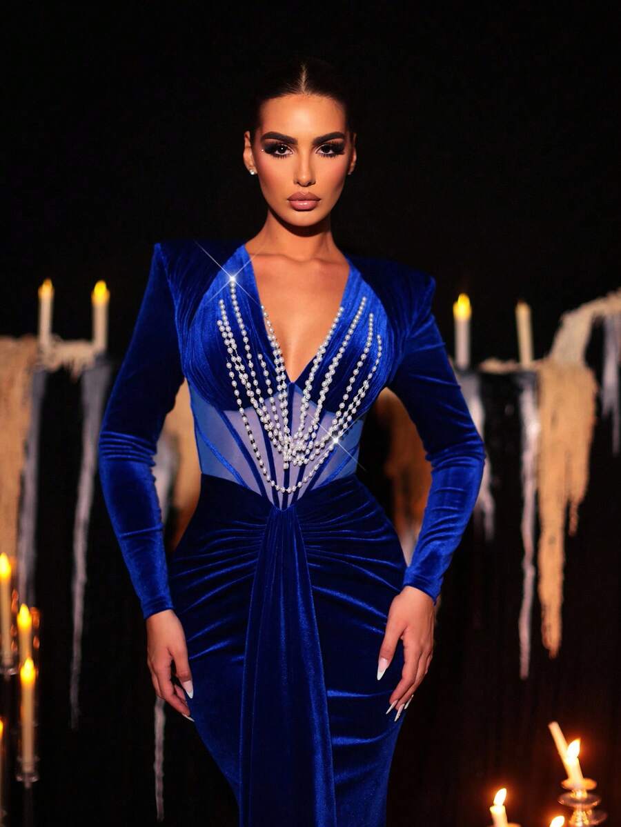 Glamrae Elegant Blue Luxury Velvet Evening Dress,Handmade Pearl Necklace V-Neck Long Sleeves See-Through Fishtail Skirt For Wedding,Party,Holiday Dance - Blue - View 1