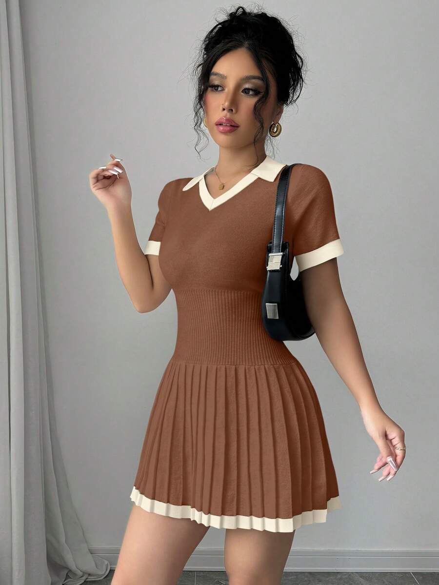 Elenzga Contrast Color V-Neck Casual Pleated Sweater Dress - Camel - View 1