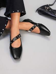 CUCCOO GRLICON 女士法式方头平底鞋，新款黑色玛丽珍鞋，带绑带，Y2K风格，适合万圣节、圣诞节、派对等场合 - 黑色 - 查看 4