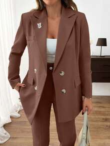 EURMUSE Ensembles de costumes pour femmes de couleur unie, veste blazer et pantalon avec détails de strass et boutons devant - Tabac - Voir 6