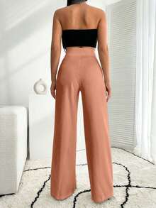 EURMUSE White Wide Leg Pallazzo Pant With Button Detail - Coral Pink - View 2