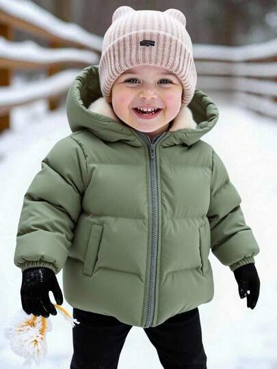 SHEIN Newborn Baby Boy/Girl Thick Thermal Lined Green Hooded Padded Coat, Casual Warm Ski Outfit, Unisex Baby Clothes, Baby Winter Clothes