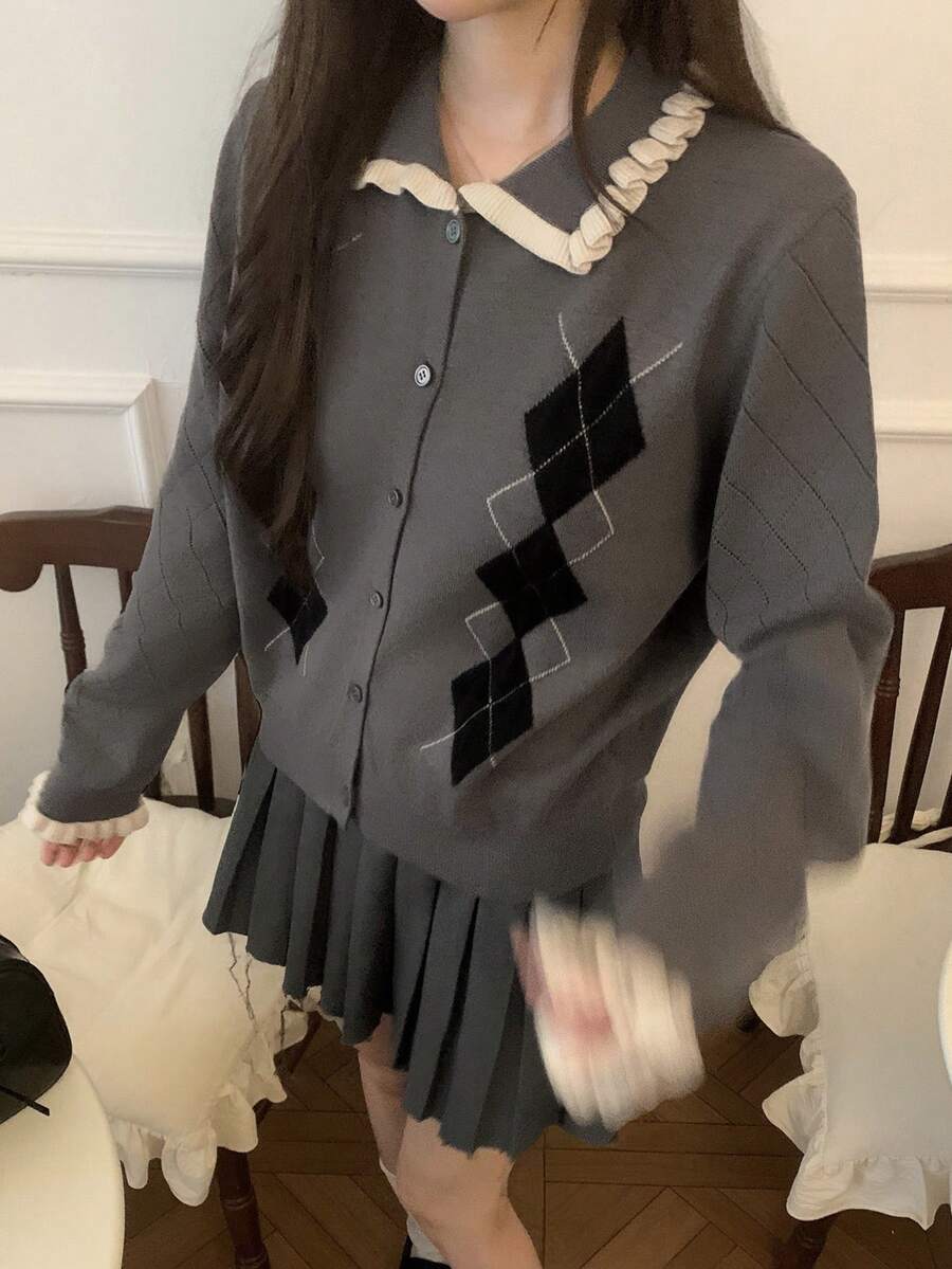 DAZY 女士休闲格子翻领开衫，秋冬 - 灰色 - 查看 1