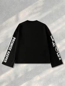 ROMWE MEN Street Life Men's Printed Pullover Sweatshirt, Retro Street Style, Long Sleeve Top - Black - View 2