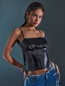 Denimoi 露背方领缎面吊带背心 - 黑色 - 查看 5