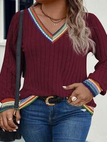 EMERY ROSE Women's V-Neck Patchwork Vintage Print Long Sleeve Plus Size Sweatshirt, Autumn/Winter - Burgundy - View 3
