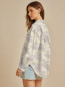WESTFADE Floral Print Collared Button Front Long Sleeve Oversized Denim Jean Shirt Jacket Shacket Fall Back To School Country Concert - Yellow - View 2