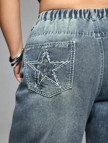 ROMWE Goth 大码女式休闲复古水洗蓝星刺绣装饰宽松直筒牛仔裤，秋冬大码女式下装牛仔裤 - 中等水洗藍 - 查看 5