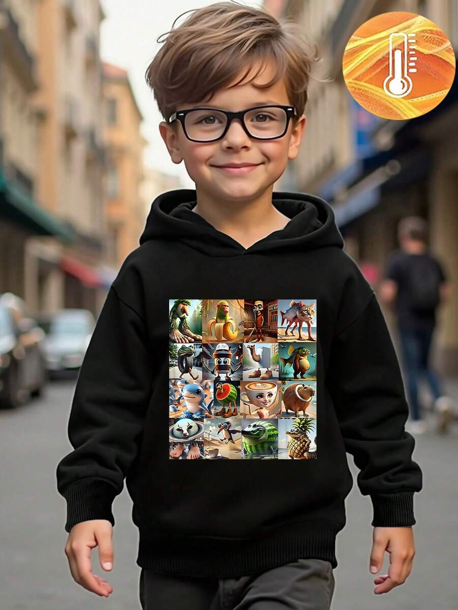 Sudadera con capucha forrada térmicamente con estampado de dibujos animados italianos para niño pequeño, adecuada para salidas en otoño/invierno