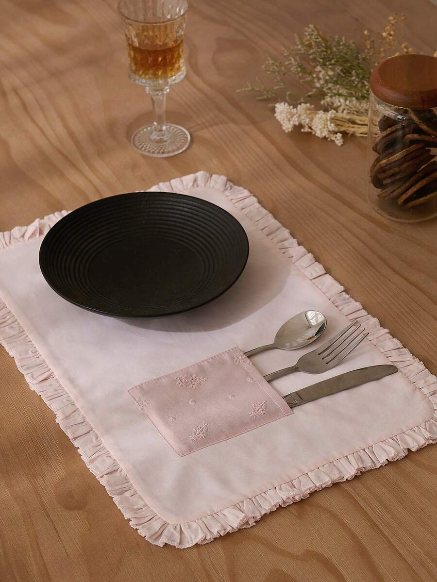 荷叶边绣花棉布粉色/米色/杏色杯垫，精致餐具杯垫，隔热垫保护桌面 - 粉色 - 查看 1