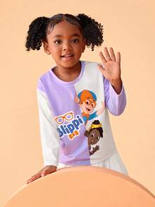 Blippi X SHEIN Young Girl Cartoon Figure Graphic Knit Round Neck Contrast Color Drop Shoulder T-Shirt, Light Purple - Multicolor - View 4