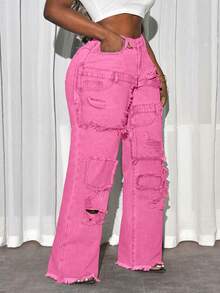 Slaydiva Quần jean ống rộng cạp cao đơn giản, màu trơn, phong cách đường phố, tối giản, thời trang thường ngày cho nữ cỡ lớn - Hồng - Xem 3