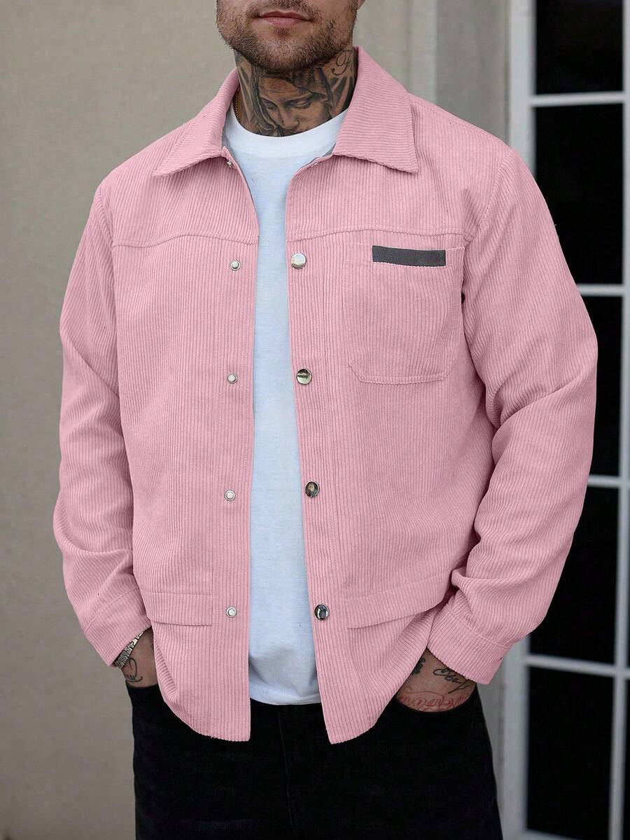Manfinity Homme Áo khoác bomber dài tay nam bằng vải nhung kẻ, kiểu dáng thường ngày, thích hợp cho mùa xuân thu. Món quà tuyệt vời dành cho bạn trai hoặc chồng. Áo khoác hồng nam. - Hồng - Xem 1