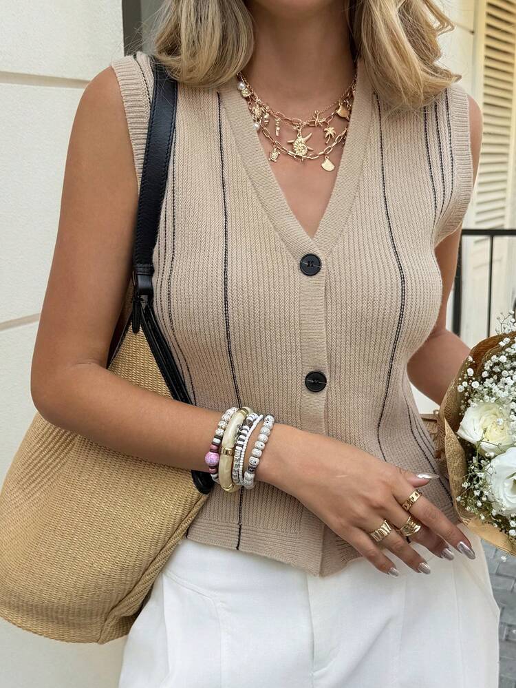 Women's Summer V-Neck Striped Fitted Cardigan Vest, Casual City Style