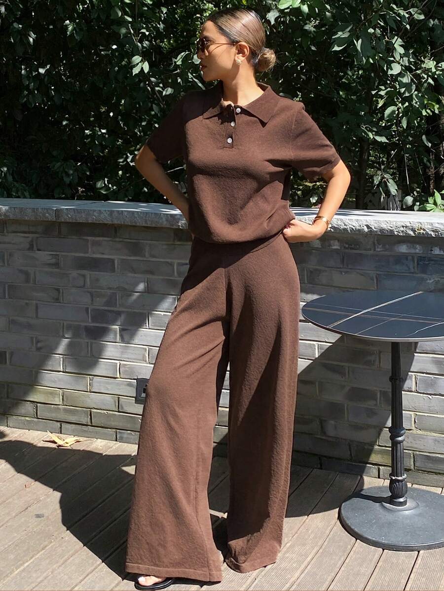 DAZY Women's Summer Short Sleeve Polo Collar Knit Top And Straight Leg Pants Casual 2 Pieces Set - Brown - View 1