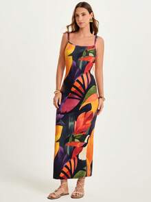 CAJUNI x Carol Peixinho Women's Casual Vacation Parrot & Turtle Print Beaded Spaghetti Strap Mid-Length Dress - Date Outfit - Tropical Elegant Dress For Women,Elegant Dresses For Party, Resort Wear Curve, Curve Maxi Dress, Caribbean Outfits For Women, Bodycon Maxi Dress, Tropical Maxi Dress