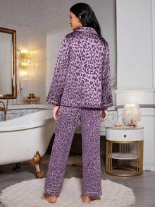 Ensemble pyjama femme haut à col châle et pantalon imprimé léopard en faux soie, vêtements d'automne et d'hiver