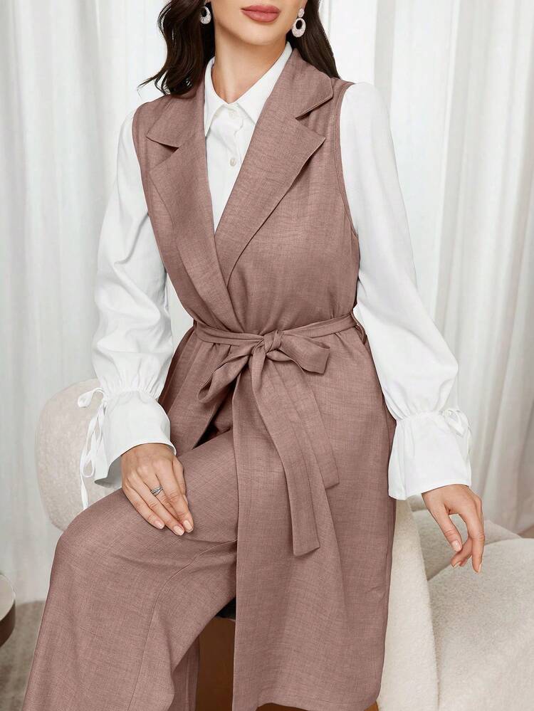 Modelyn 3-delige elegante zakelijke outfit: effen vest, lange broek en overhemd voor woon-werkverkeer in de herfst. 2-delige set - Rusty roze - Bekijken 5