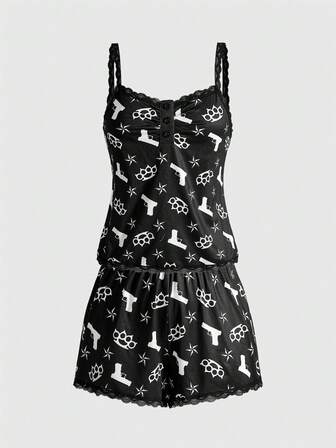 Gants sans doigts en dentelle gothique, short de pyjama décontracté avec motif pentagramme, mignon et amusant