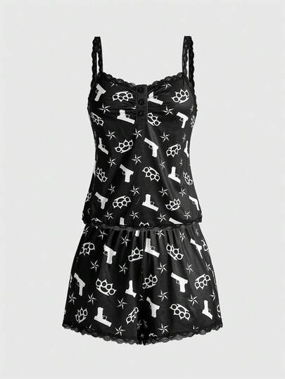 Goth Guantes sin dedos de encaje gótico, conjunto de pantalones cortos de pijama con estampado de pentágrama, casual, lindo y divertido