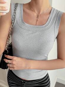 DAZY Outdoor Square Neck Fitted Sleeveless Sports Tank Top - Grey - View 6