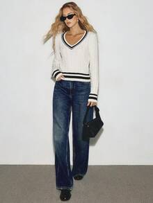 ATUI Studio 女式条纹麻花图案长袖休闲毛衣，秋季 - 白色 - 查看 5