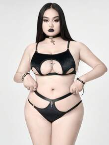 ROMWE Plus Size Gothic Velvet Cross Lingerie Set, Sexy - Black - View 1