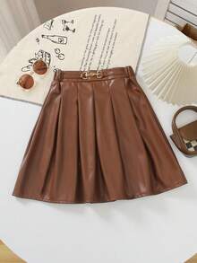 SHEIN Girls' Sweet White Pleated Skirt, Made Of Soft Leather Material, Versatile And Fashionable, Easy To Wear, Suitable For Daily School, Outing, Vacation, Sports And Various Outdoor Activities - Coffee Brown - View 3