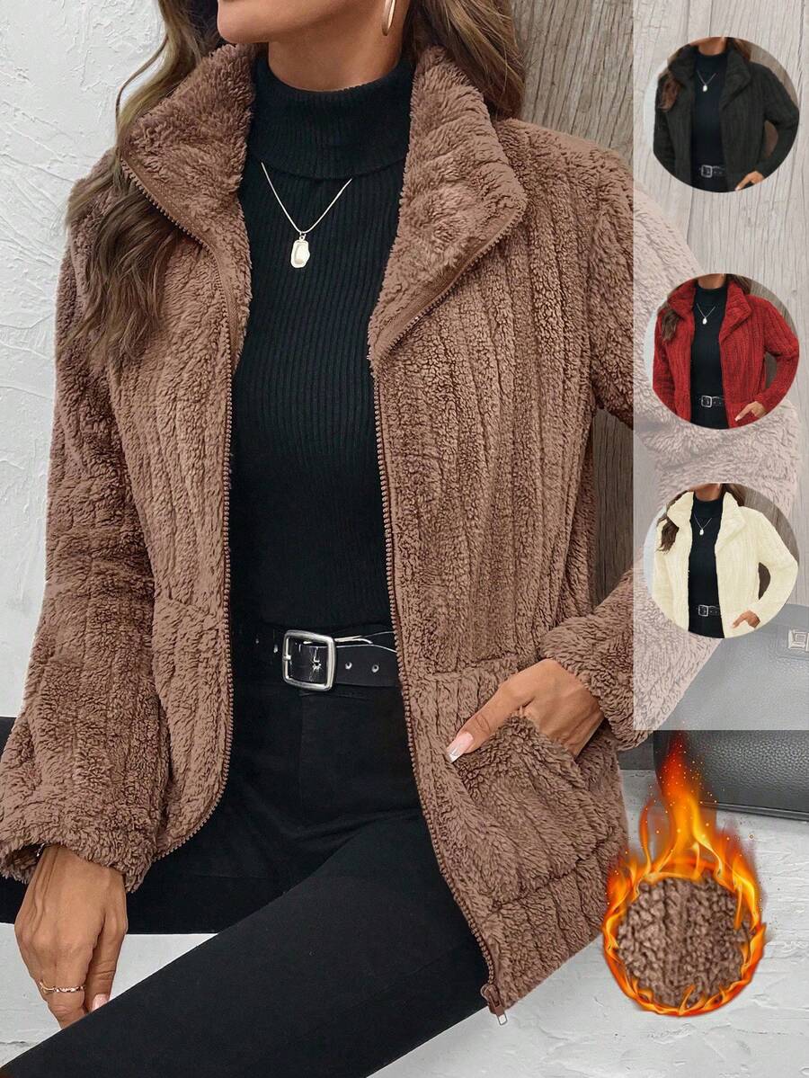 EMERY ROSE Women's Solid Color Zipper Front Casual Pockets Long Sleeve Fleece Jacket Fall Winter Cloth For Women,Brown Jacket - Brown - View 1