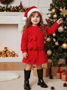 SHEIN Babygirl Cute Casual Knit Red Bow Long Sleeve Sweatshirt Set - Red - View 1