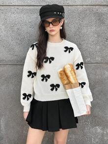 SHEIN Teen Girl Autumn/Winter Bow Jacquard Knit Pullover Sweater, Loose Casual Crew Neck Top Suitable For Outdoor Leisure & Sports - Apricot - View 5