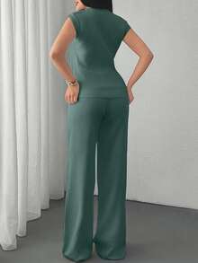EURMUSE Two Pieces Sleeveless Knit Set Featuring Minimalist Crew Neck Top And High-Waisted Ribbed Pants In Soft Ivory - Mint Green - View 2