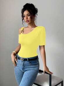 Elenzga Summer Casual Solid Color Asymmetric Collar Short Sleeve T-Shirt