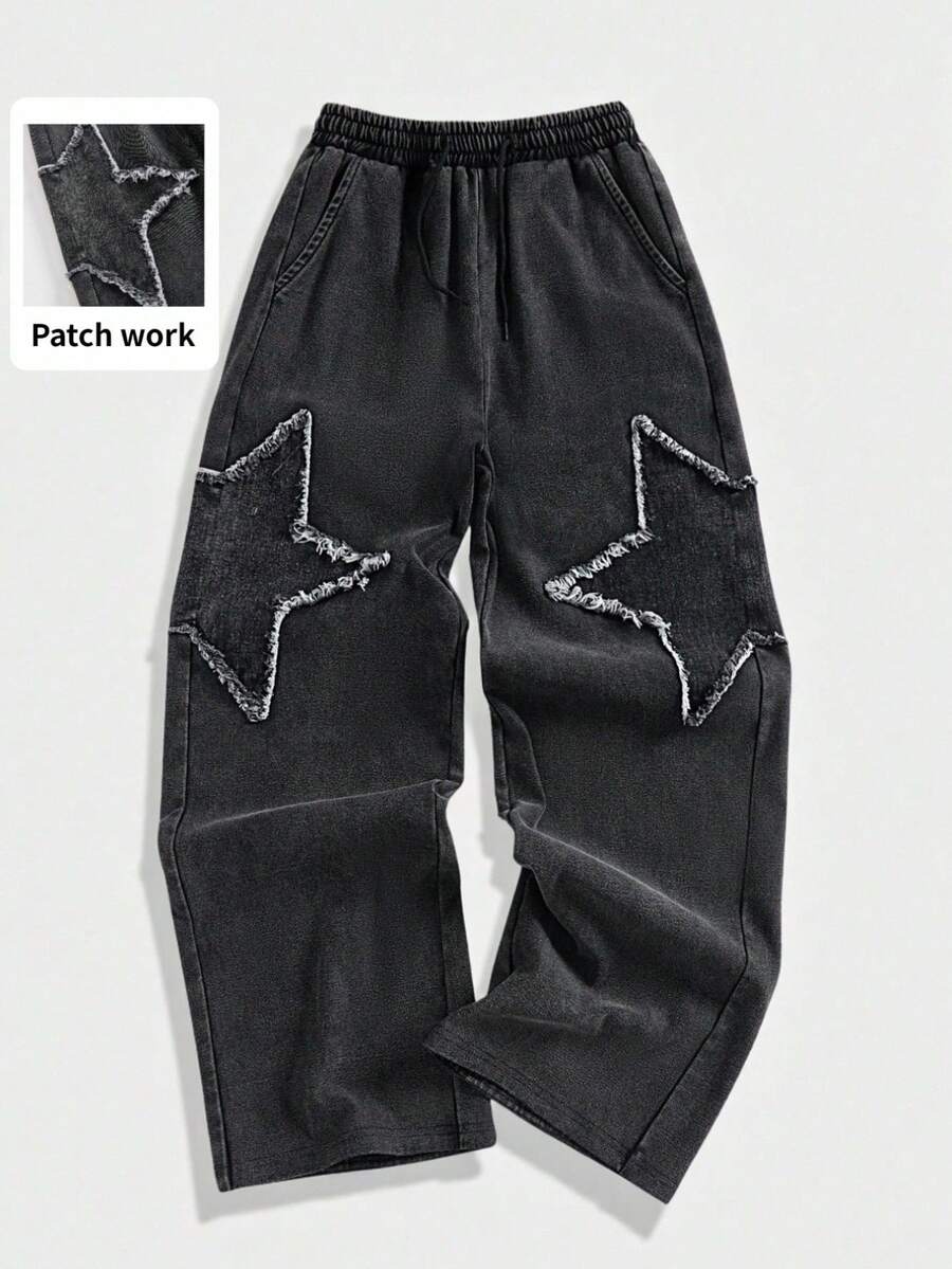 Oversized Straight Leg Jeans For Tween Boys, Casual Street Style, Black Washed Denim With Star Embroidery Design, Elastic Waistband And Drawstring For Comfort, Versatile Fashion Item For Daily Wear, Casual Outings, School, And Weekend Streetwear - Black - View 1