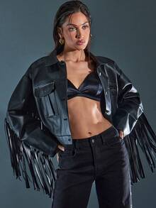 Denimoi Faux Leather Fringe Detail Jacket Western Fashion Cowgirl Nashville Fall And Winter - Black - View 2