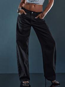 Denimoi 经典中腰直筒牛仔裤，直筒牛仔裤，中腰牛仔裤，时尚 - 黑色 - 查看 4