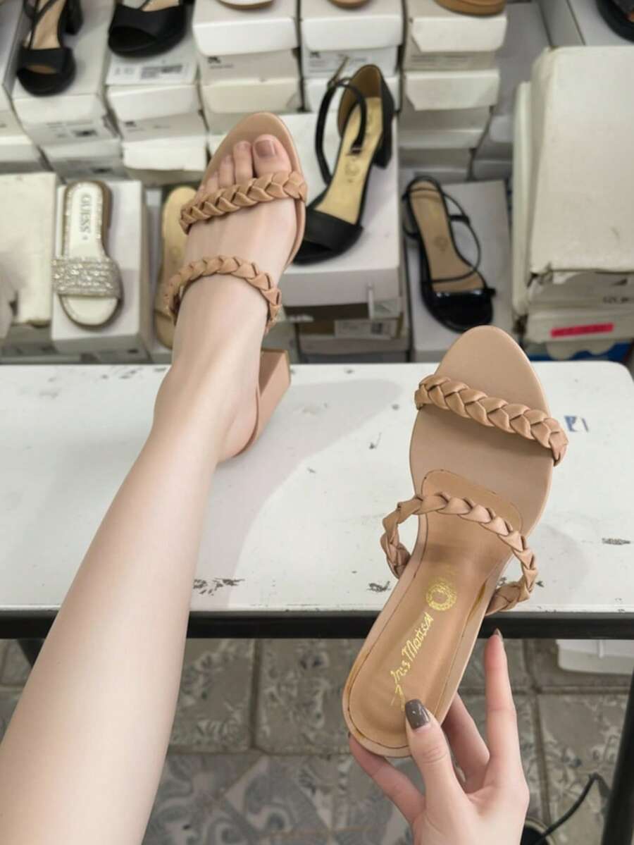Sandalia mujer con tiras trenzadas, punta cuadrada, tacón grueso, estilo minimalista para oficina y casual - Albaricoque - Ver 1
