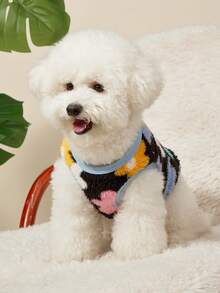 PETSIN 1pc Pet Cat Dog Universal Cute Flower Pattern Printed Double Sided Elastic Plush Comfortable Warm Open Button Dog Sleeveless Jacket - Multicolor - View 1