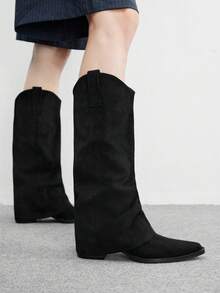 CUCCOO BIZCHIC 黑色尖头及膝靴 | 慵懒绒面革纹理 | 中粗跟 | 轻松时尚风格 | 2 双，高级皮革外观 - 黑色 - 查看 3