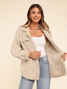 Coeurva 女士纯色翻领长袖单排扣休闲长夹克，秋冬 - 杏色 - 查看 6