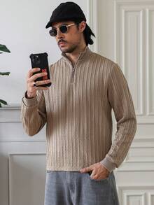 Manfinity Homme Men's Casual Solid Color Long Sleeve Polo Shirt, Versatile For Winter Mock Neck Old Money - Khaki - View 6